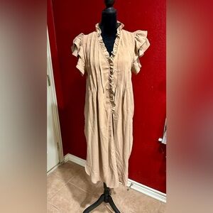 Entro Taupe Ruffle Flutter Sleeve Pin Tuck Boho Midi Maxi Dress Small NWT